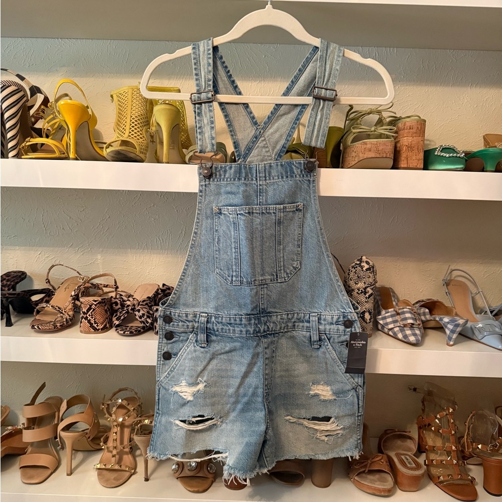 Abercrombie & Fitch Light Blue Distressed Denim Short Overalls